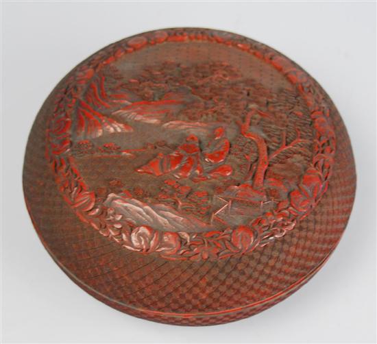 Appraisal: CHINESE CINNABAR LACQUER ROUND COVERED BOX th century diameter inches