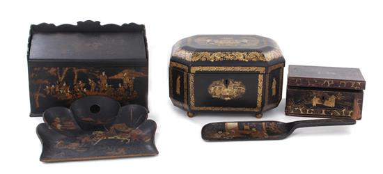 Appraisal: English papier-mache objects th century Chinoiserie decorations comprising tea caddy