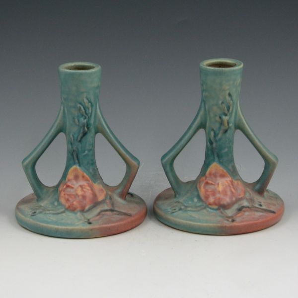 Appraisal: Pair of blue Roseville Magnolia candleholders Marked Roseville USA -