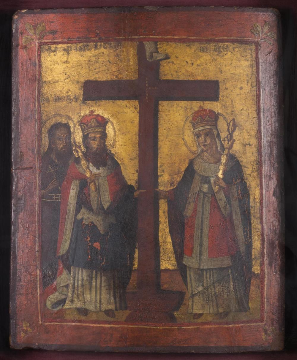 Appraisal: HAND PAINTED ICON ON WOOD PANEL ST CONSTANTINE ST HELENA