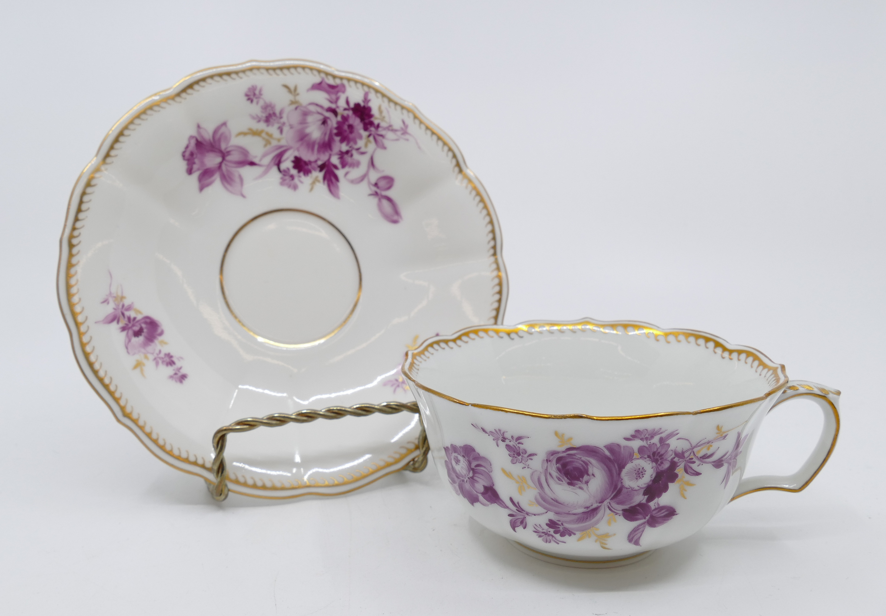 Appraisal: pc Meissen Pink Flower Porcelain Flat Cups Saucers Gilt decoration