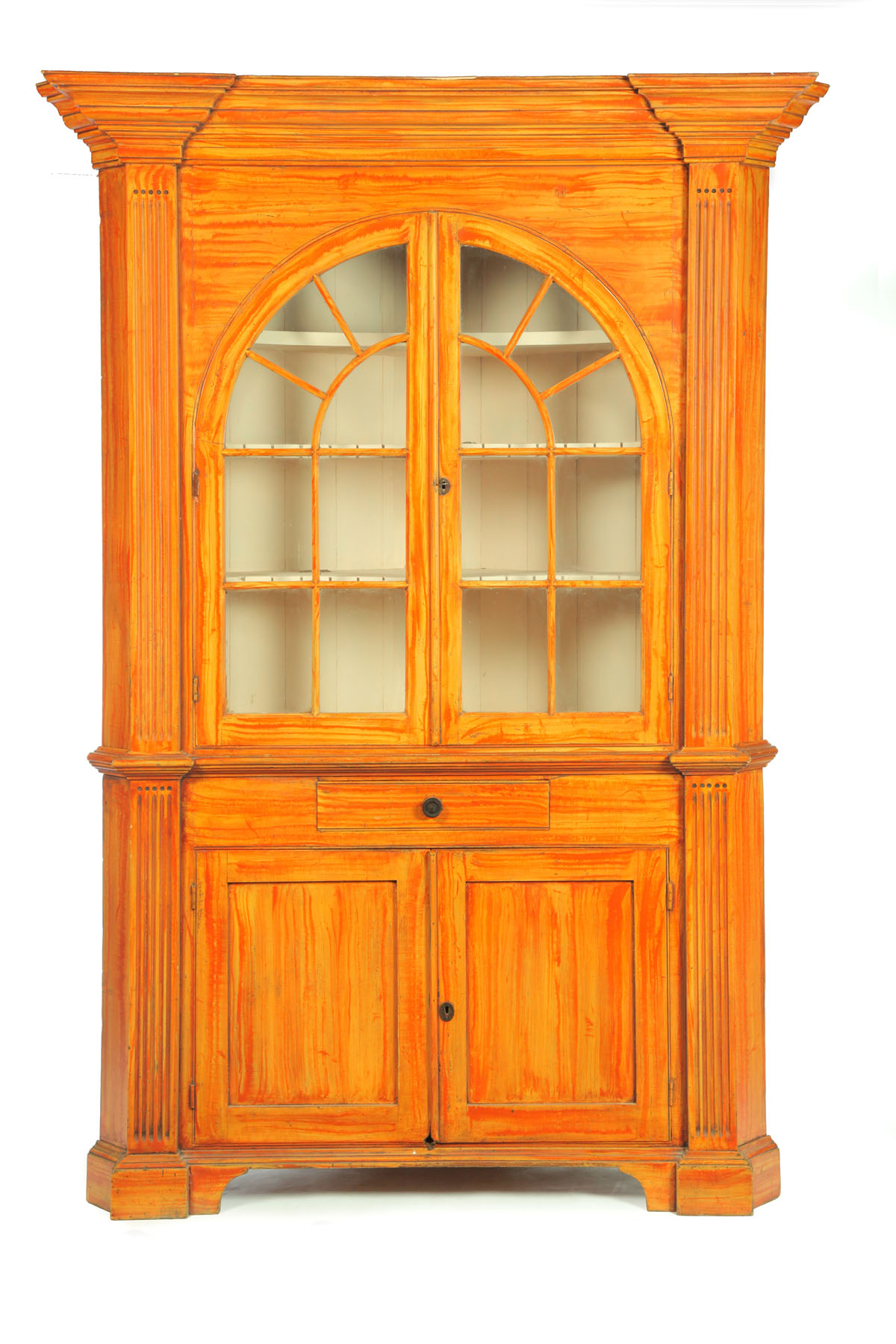 Appraisal: DECORATED CORNER CUPBOARD Pennsylvania mid th century poplar and pine