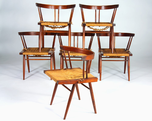 Appraisal: GEORGE NAKASHIMA Set of six walnut Grass Seat chairs each