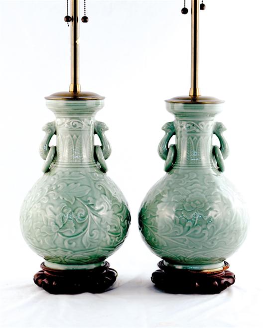 Appraisal: Pair of Chinese celadon vases bulbous ovoid form with tapered