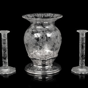 Appraisal: An American Silver Mounted Etched Glass Vase the base by