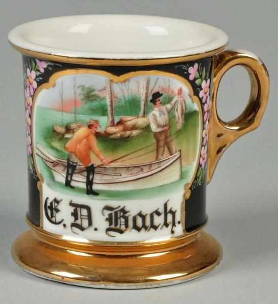 Appraisal: Two Fishermen with Rowboat Shaving Mug Description Gilt name C