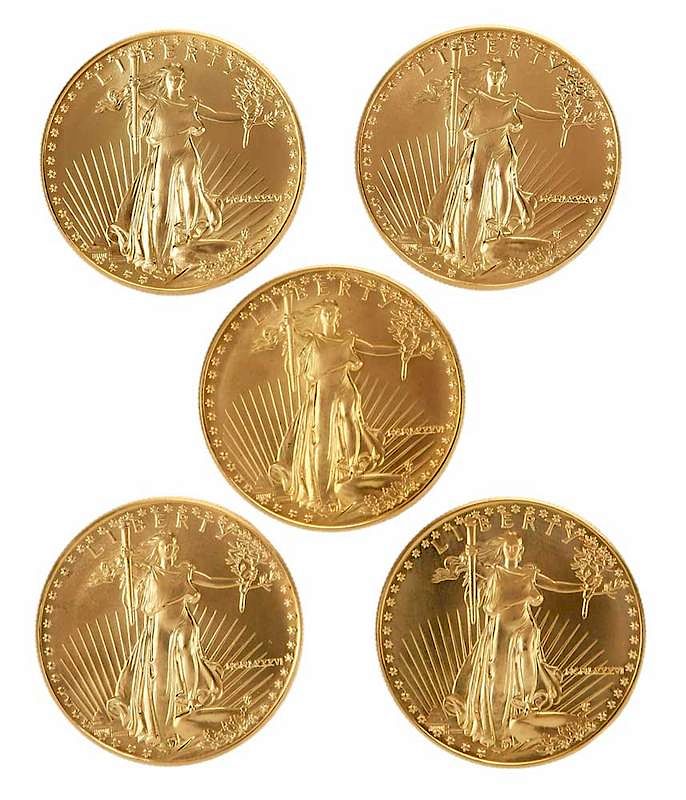 Appraisal: Five American Gold Eagles one ounce gold each dated Provenance