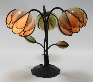 Appraisal: American Slag Glass Water Lily Bronze Table Lamp UNITED STATES