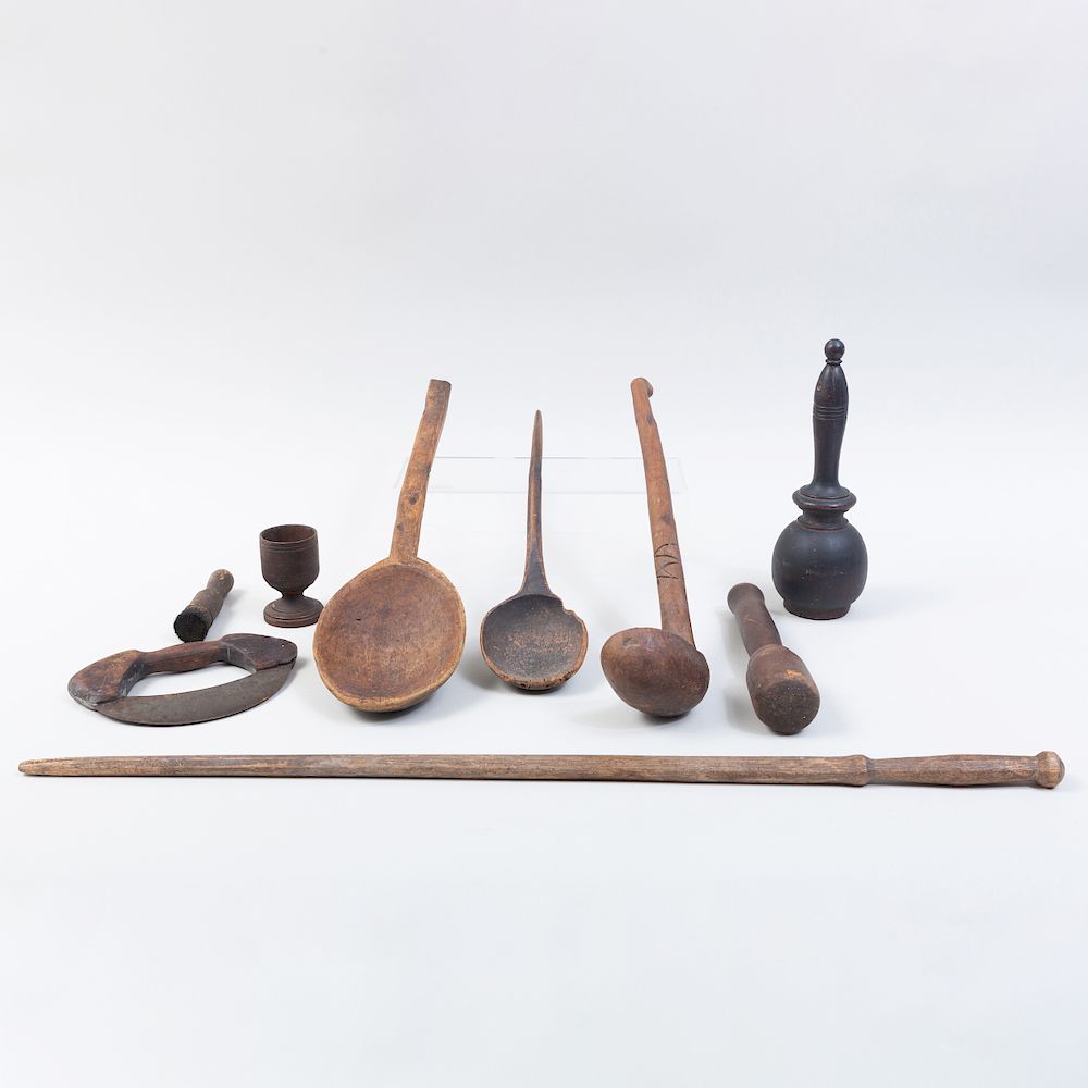 Appraisal: Group of Eight Rustic Wood Implements Comprising A gavel A