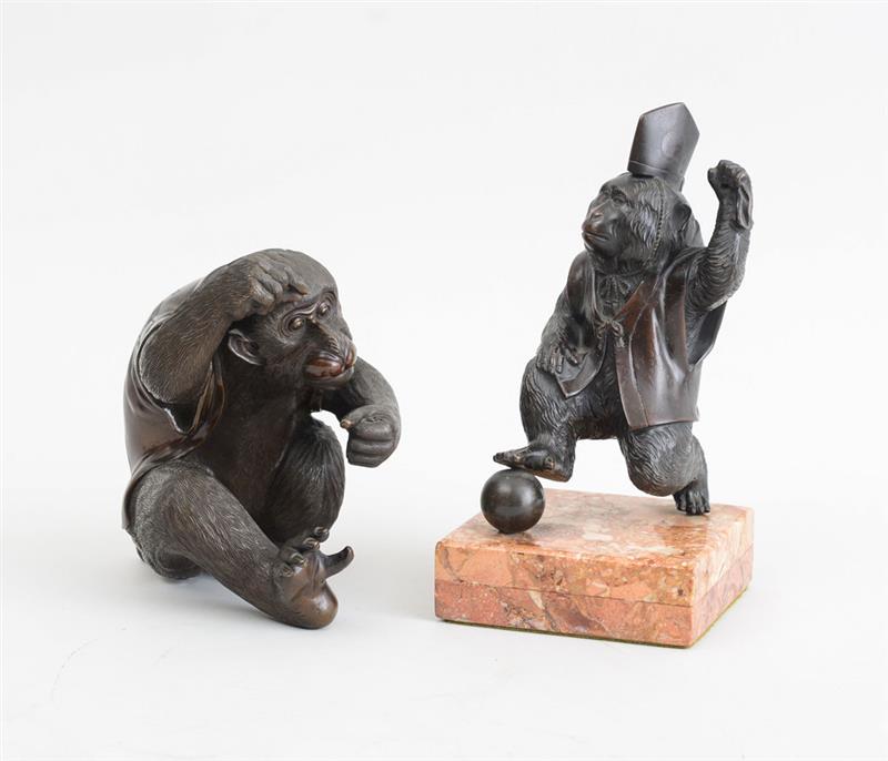 Appraisal: TWO JAPANESE BRONZE FIGURES OF CHIMPANZEES Unmarked the one wearing