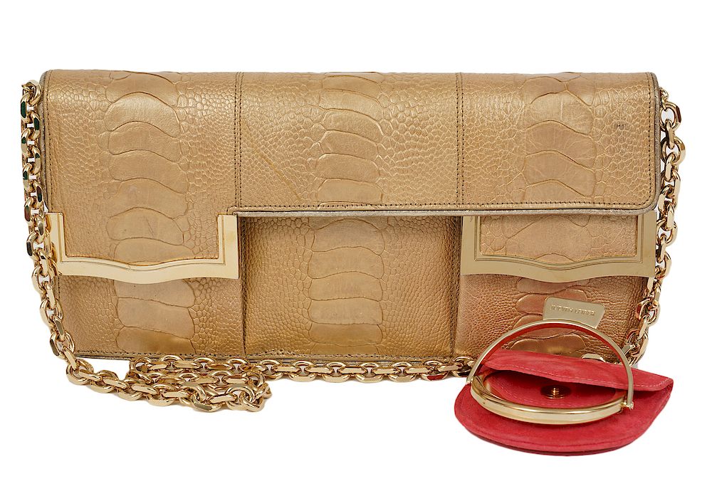 Appraisal: Judith Leiber Gold Snake Clutch Shoulder Bag Judith Leiber gold