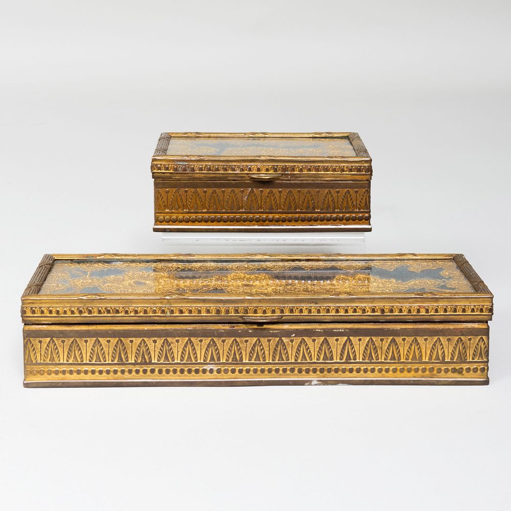 Appraisal: Two Gilt-Metal Table Boxes with Chain Work Cedar lined The