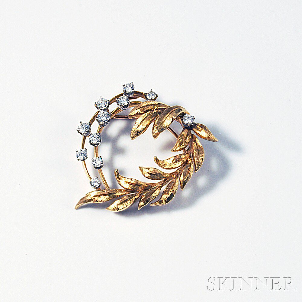 Appraisal: kt Gold and Diamond Laurel Brooch total dwt Property from