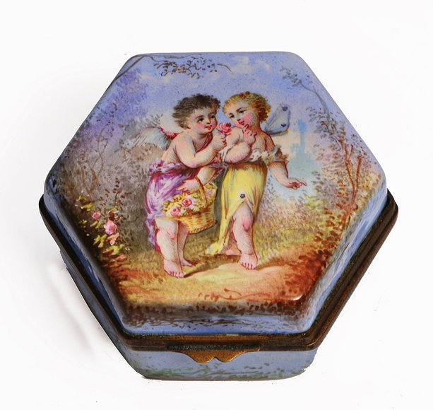 Appraisal: AN ANTIQUE HEXAGONAL ENAMEL BOX the lid painted with Cupid