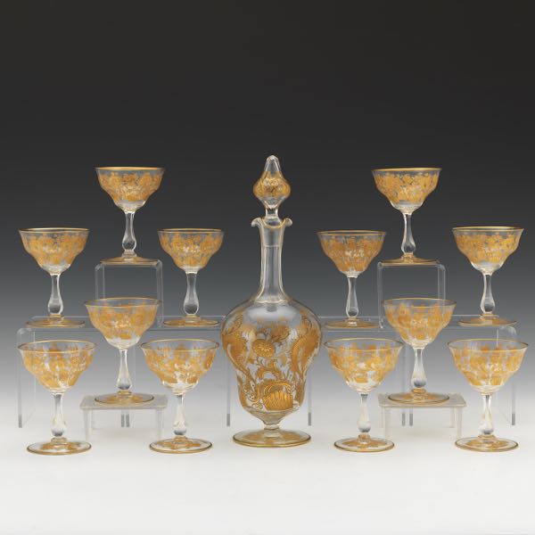 Appraisal: MOSER GILT RED WINE GLASSES WITH DECANTER SET OF TWELVE