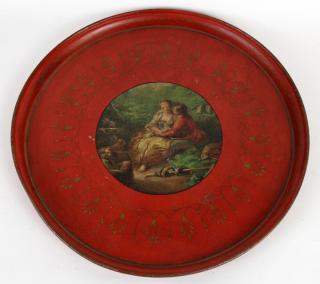 Appraisal: French tole tray with painted classical lovers scene French Tole