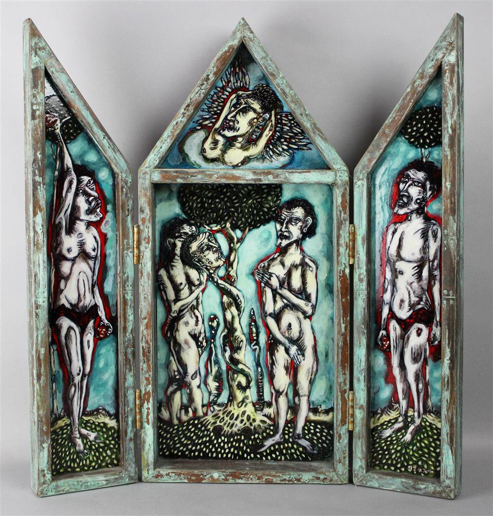 Appraisal: OJM ADAM AND EVE TRIPTYCH Mixed media x in Lower