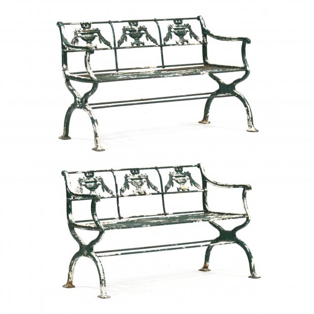 Appraisal: PAIR OF VINTAGE CAST IRON GARDEN BENCHES Early th century