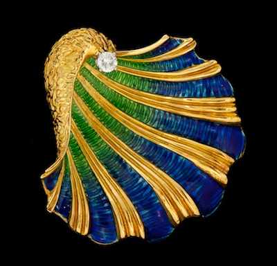 Appraisal: A Ladies' Seashell Gold and Enamel Brooch k yellow gold