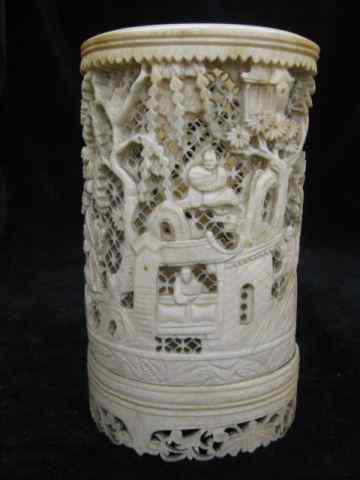 Appraisal: Carved Chinese Ivory Brushpot villagers and fine openwork throughout ''