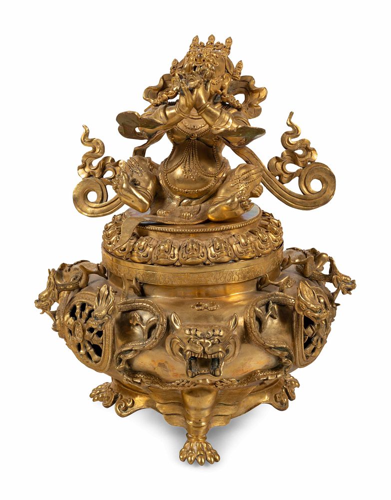 Appraisal: A Sino-Tibetan Style Gilt Bronze Tripod Incense Burner A Sino-Tibetan