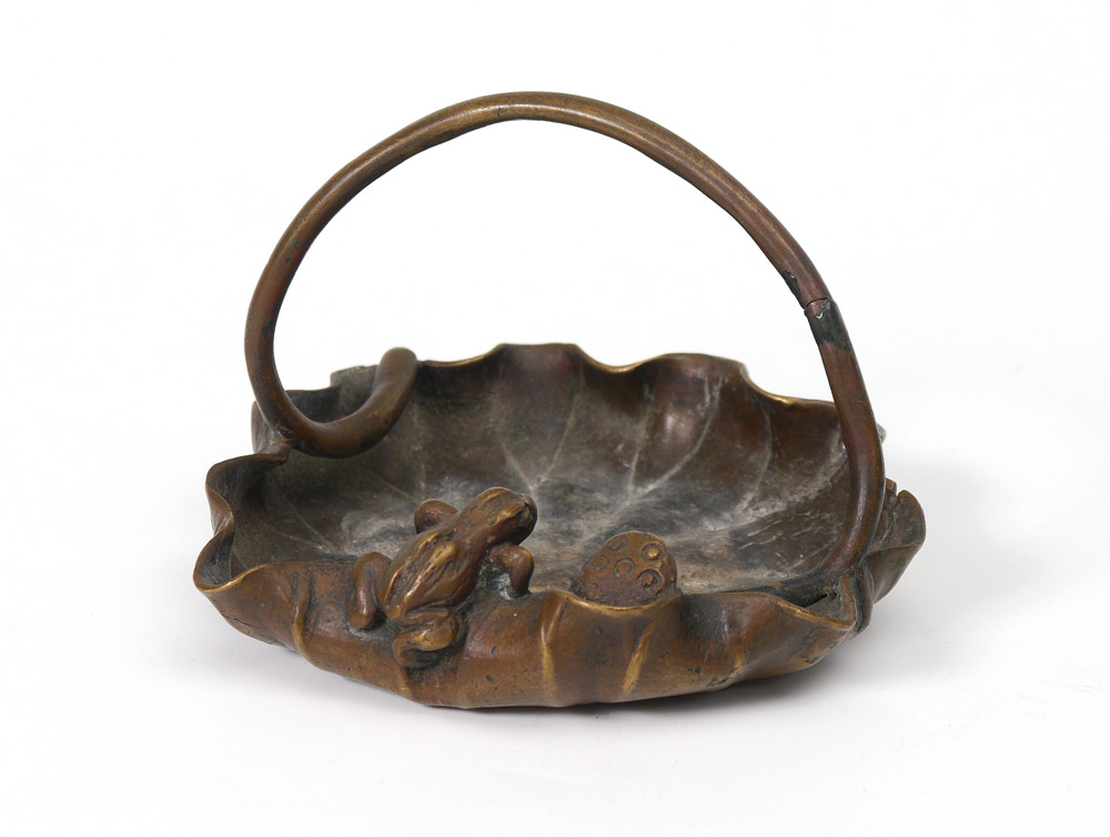 Appraisal: SIGNED JAPANESE BRONZE FROG TRAY Diminutive handled tray in the