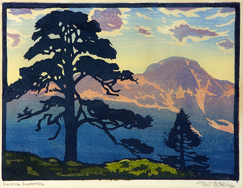 Appraisal: WILLIAM RICE Color woodblock print Sierra Sunrise with tall pines