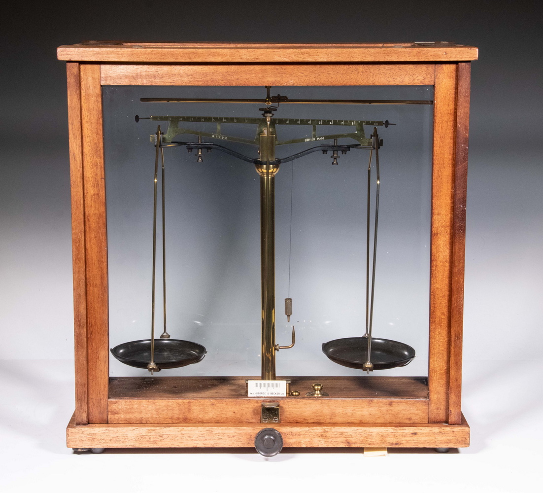 Appraisal: CASED ENGLISH BALANCE SCALE Mid- th c Brass Balance Scale