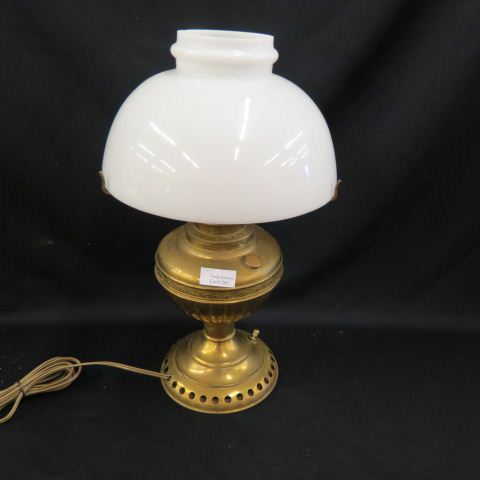 Appraisal: Victorian Brass Kerosene Lamp milk glass umbrella shade electrified