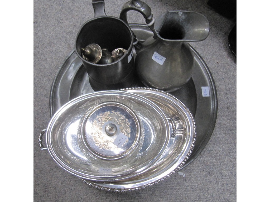 Appraisal: Lot comprising pewter tray tankard jug and some EP items