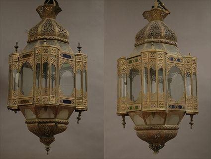 Appraisal: Two Moorish-Style Pierced Brass Hanging Lanterns x x in