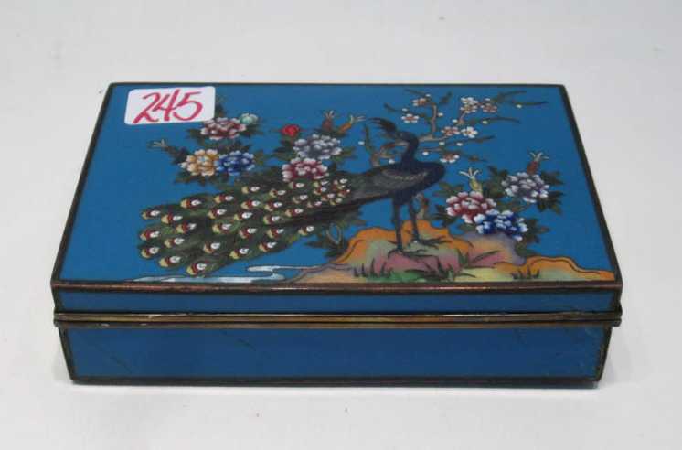 Appraisal: JAPANESE CLOISONNE CIGARETTE BOX with hinged lid having peacock and