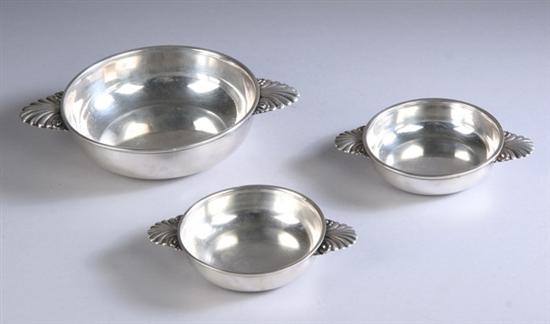 Appraisal: THREE COLOMBIAN SILVER PORRINGERS Bogota touchmark Each with anthemion handles