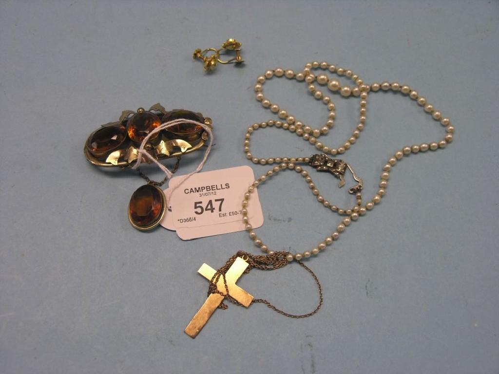 Appraisal: A pearl necklace ct gold cross pendant pair of ct