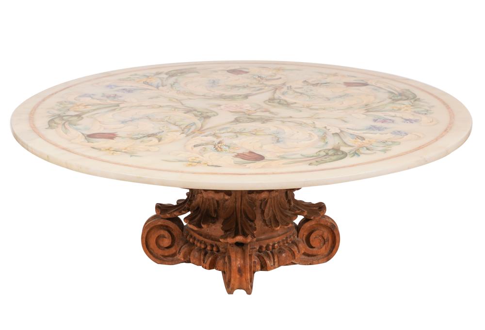 Appraisal: ONYX PAINTED COFFEE TABLEwith a decorative veneered and lacquered composite