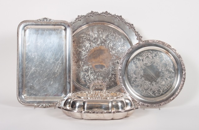 Appraisal: Eight assorted silver-plated table articles including covered vegetable dishes uncovered