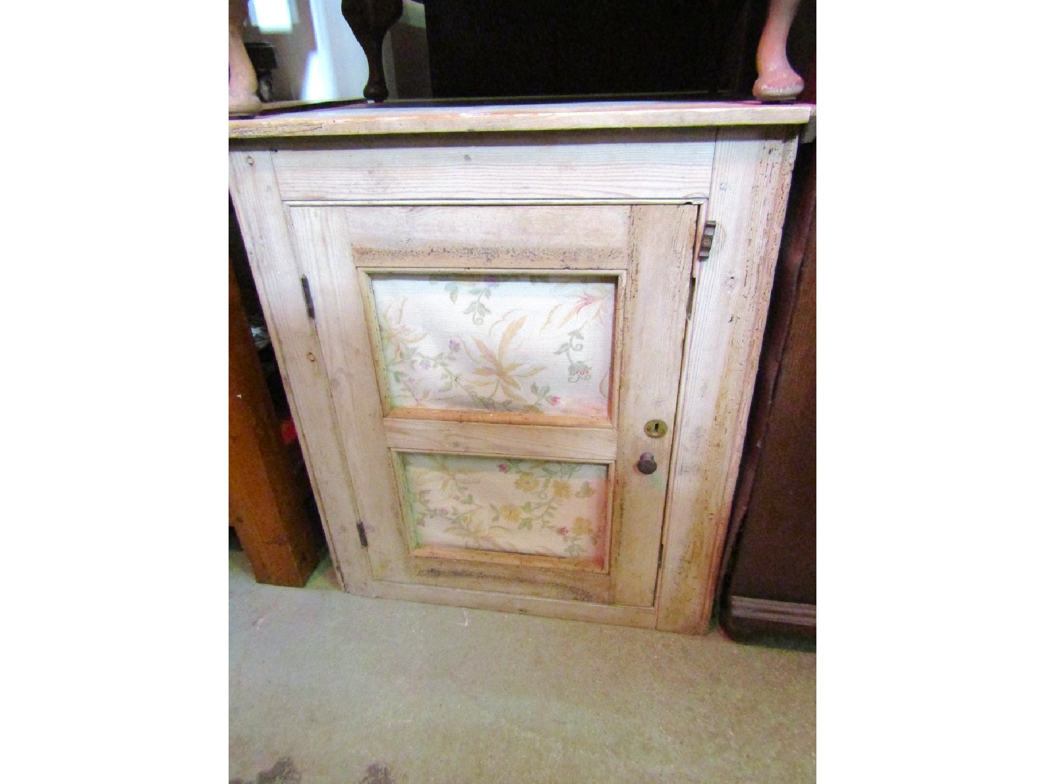 Appraisal: A rustic stripped pine cupboard meat safe enclosed by a