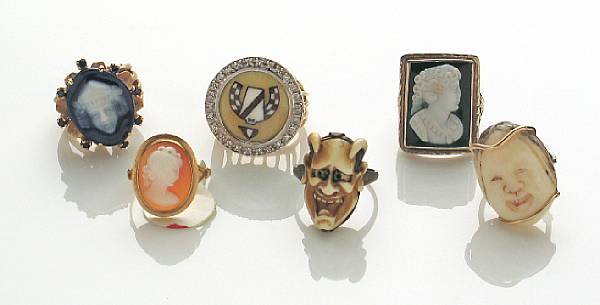 Appraisal: A collection of six stone cameo gold and metal rings