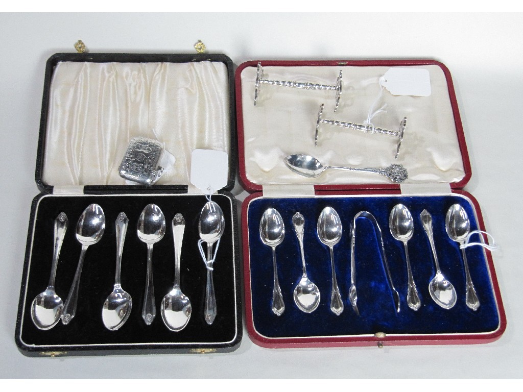 Appraisal: Lot comprising two cased sets of silver spoons silver vesta