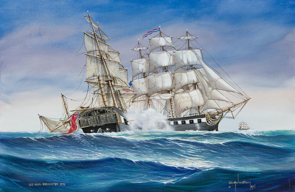 Appraisal: JOHN RICHARD PERRY American b US Naval Encounter oil on