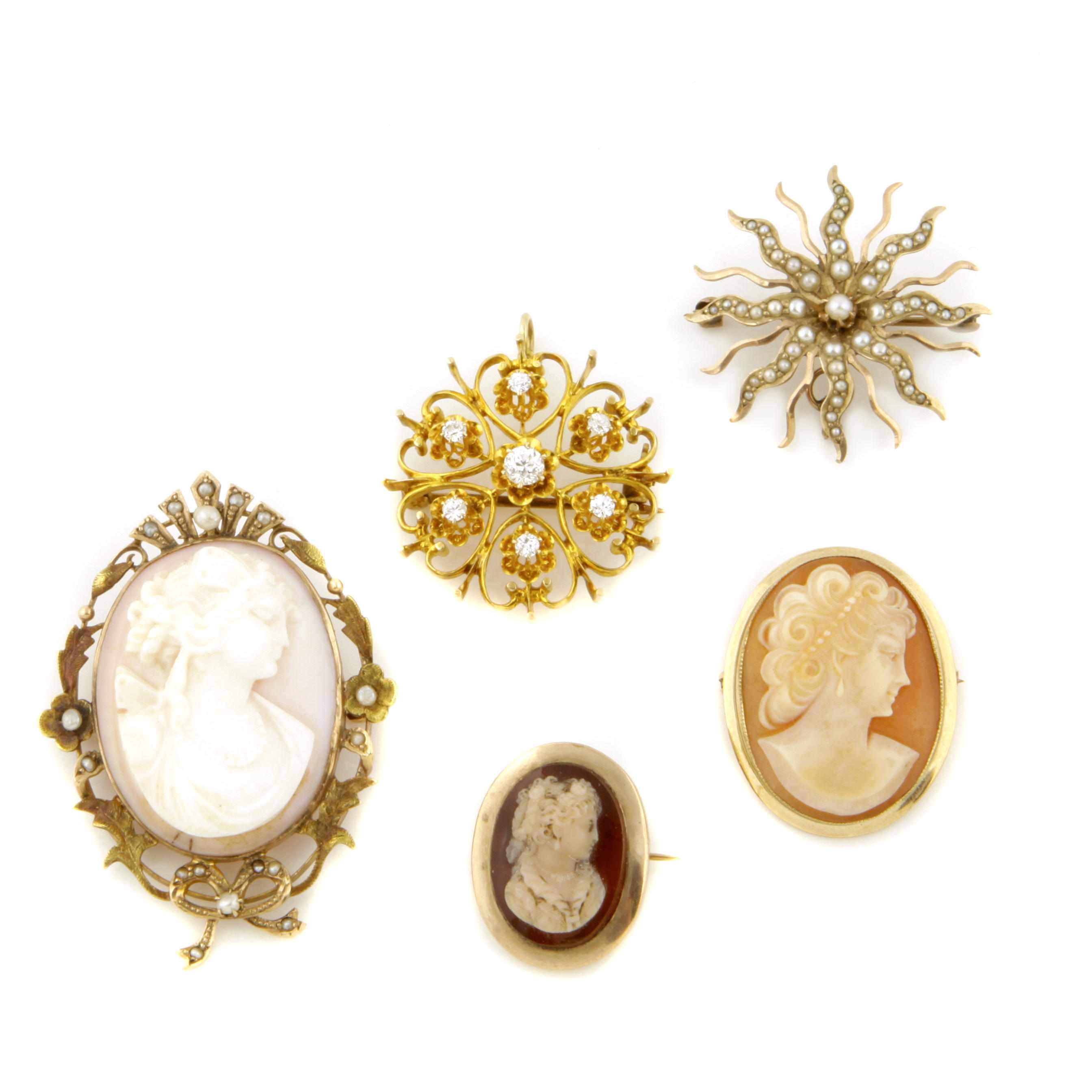 Appraisal: A collection of five seed pearl and diamond brooches comprising