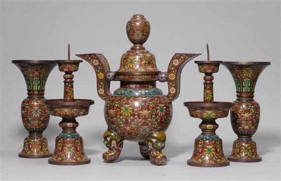 Appraisal: FIVE-PIECE CLOISONN ALTAR GARNITURE China Republic H - cm Decoration