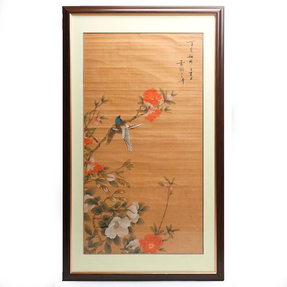 Appraisal: VINTAGE FRAMED ASIAN JAPANESE WATERCOLOR ON RICE PAPER Chrysanthemums cherry