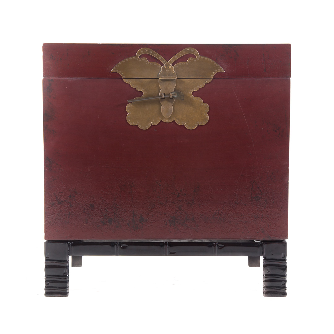 Appraisal: Chinese red lacquered chest th century paper lined compartment enclosed