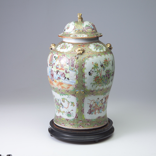 Appraisal: Large rose medallion covered jar with four gilt lion masks