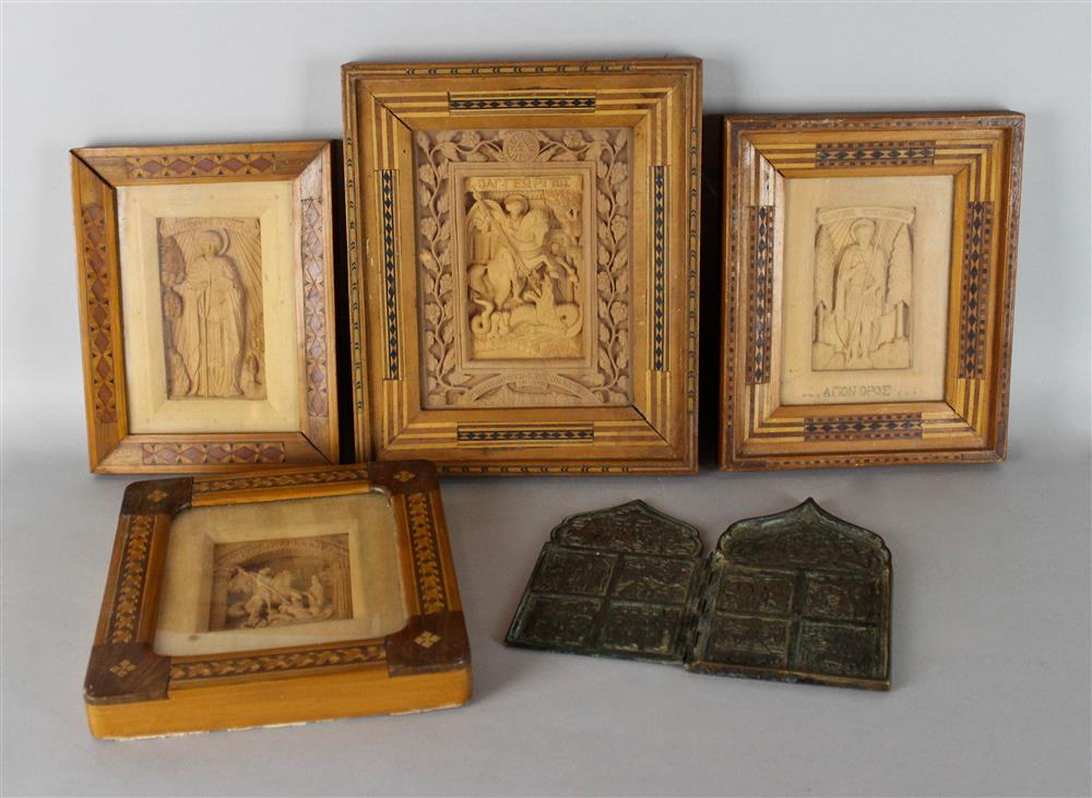 Appraisal: FOUR GREEK CARVED WOOD ICONS FROM MT ATHOS MONASTERY TOGETHER