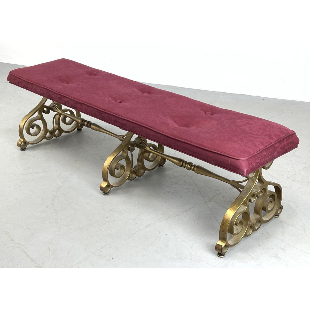 Appraisal: Gilt Iron Italianate Scroll Base Upholstered Bench Dimensions H inches