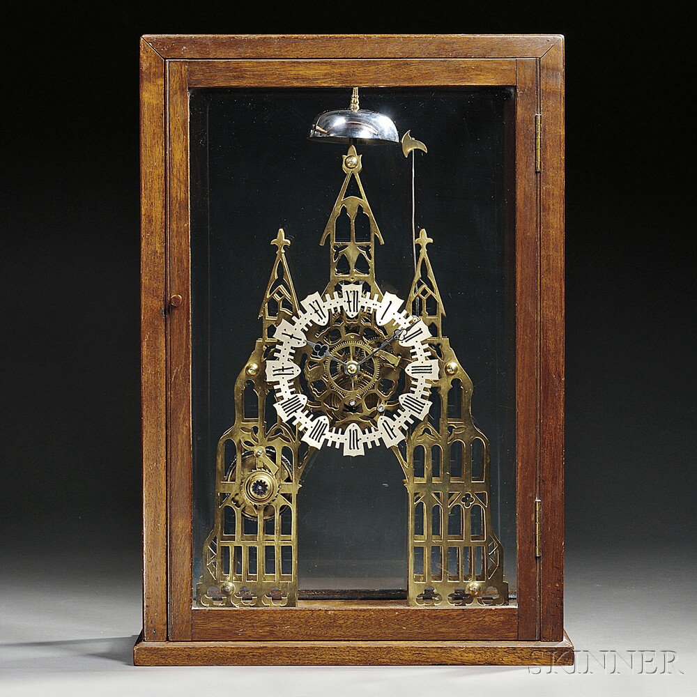 Appraisal: Gothic Cathedral-form Skeleton Clock England c pierced brass plates skeletonized