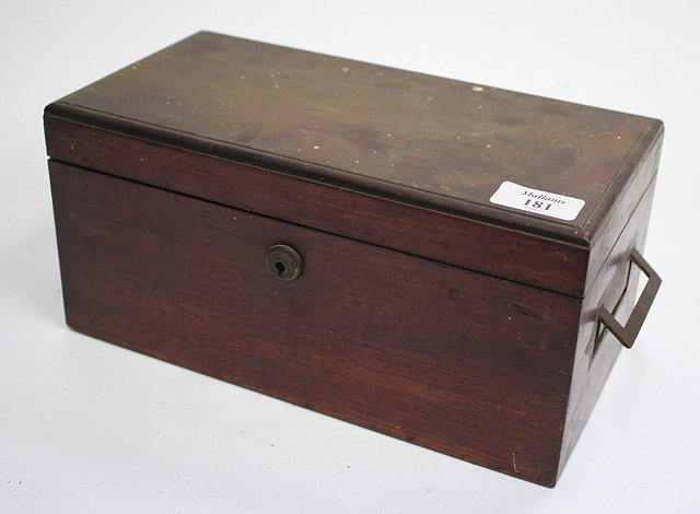 Appraisal: A TH CENTURY MAHOGANY CAMPAIGN TYPE TEA CADDY with inset