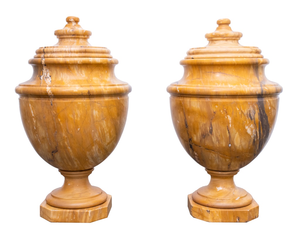 Appraisal: MONUMENTAL ANTIQUE GRAND TOUR MARBLE URNS PR Pair of antique